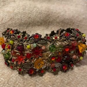 Vintage Michal Negrin Wide Flowers Bracelet red Tones Rhinestones